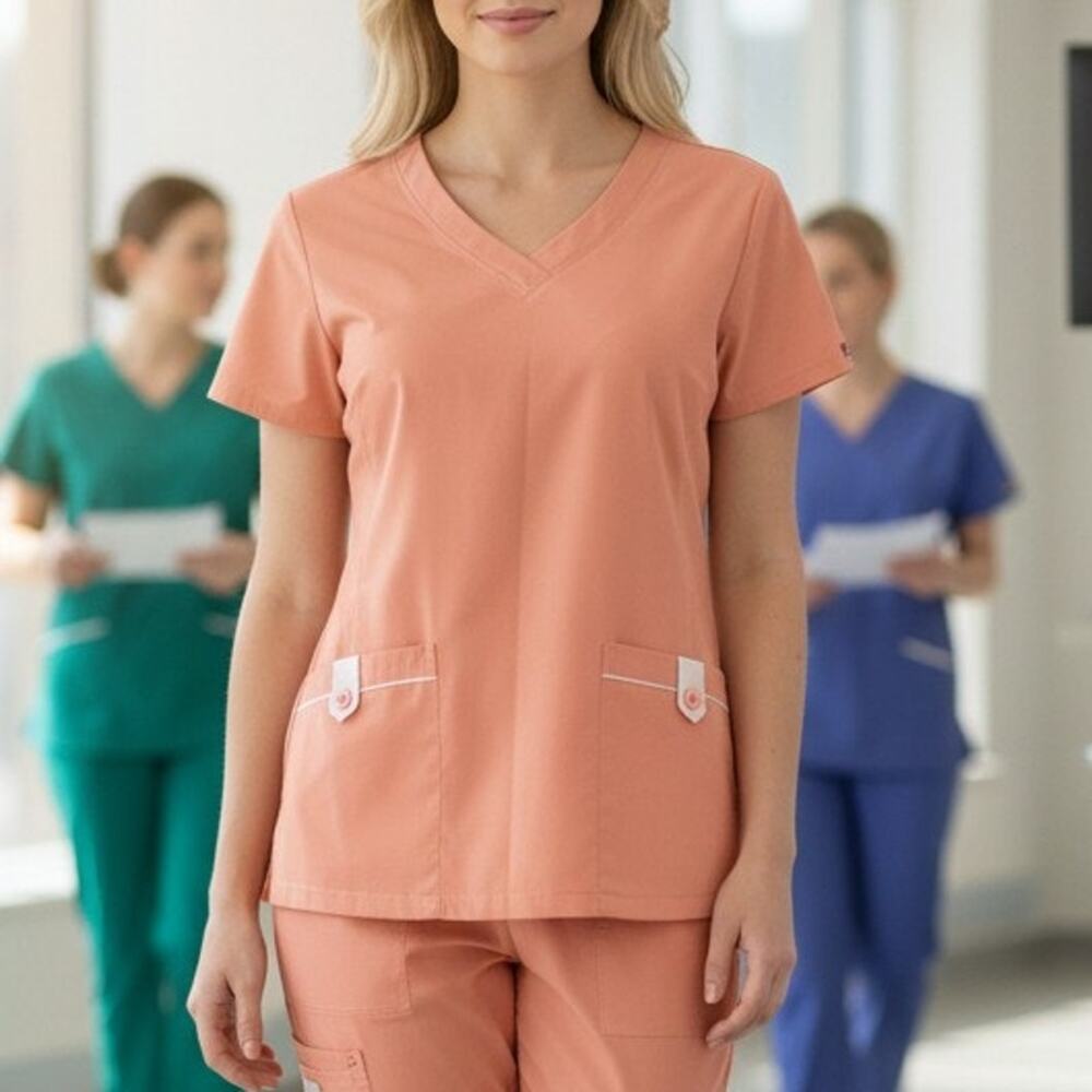 Reina Scrub Top Size XS Peach V Neck Short Sleeve